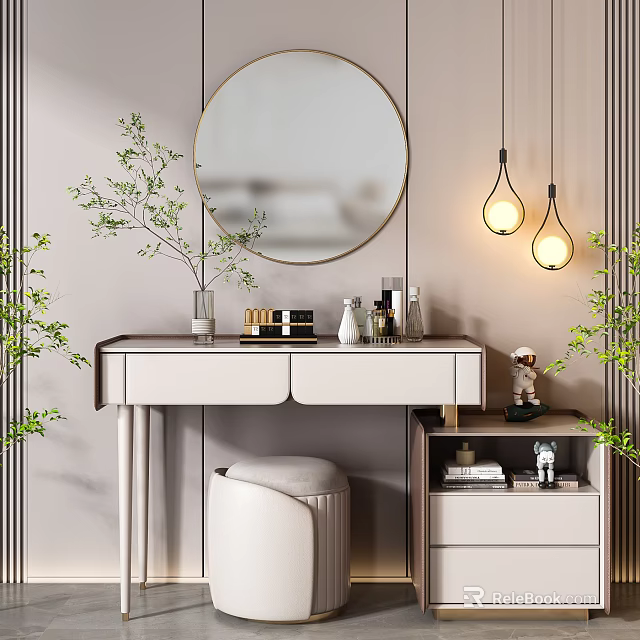 Modern Dressing Table With Round Mirror Hanging Lights Drawers And Green Plants 3d model
